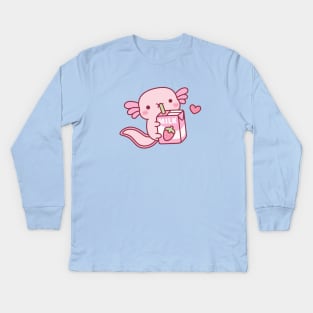 Cute Axolotl Drinking Strawberry Milk Kids Long Sleeve T-Shirt